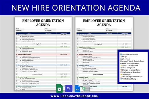 Employee Orientation Checklist Schedule Template: New Hire Onboarding Agenda (digital Download) - Etsy