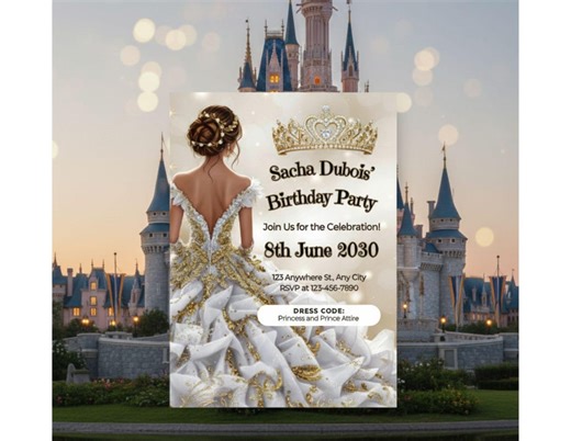 Elegant White Gold Princess Birthday Invitation With Tiara & Elegant Woman. Printable Canva Editable Template.royal Birthday Party. - Etsy