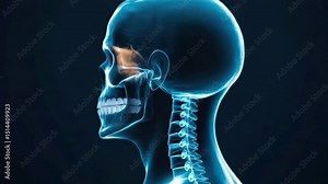 Human skull and cervical spine x ray view showing vertebrae, bone structure, and skeleton in blue light with glowing medical imaging, highlighting detailed anatomy of head and cervical spine