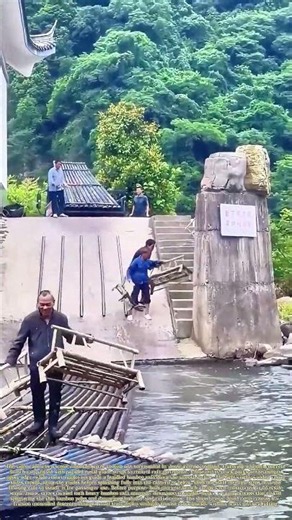 Launching Rafts: Staff Slide Handmade Bamboo Rafts Down A Concrete Ramp Into River Water