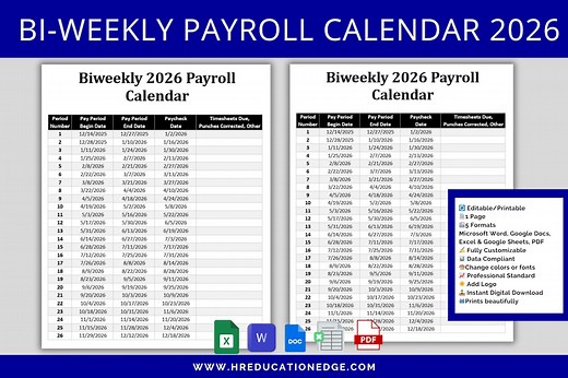 2026 Biweekly Payroll Calendar Template: Editable MS Word & Excel, Google Docs and Sheets - Etsy Hong Kong