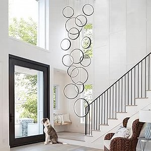 Modern Chandelier for Entryway,15 Ring Long Chandelier for High Ceiling,Luxury Foyer Chandeliers Entryway High Ceiling Chandelier Height Adjustable Black Modern Chandelier