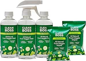 CleanBoss Eat Cleaner Triple-Action Fruit & Veggie Wash (12 oz, Pack of 3) + Fruit & Veggie Wipes (32 Count, Pack of 2) - Removes Harmful Residue - Keeps Produce Fresh Up to 5X Longer