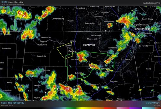 [4:30 PM] Radar Update Scattered strong to severe storms continue to move across the area with small hail, lightning, and flash flooding being the main threats. Storms are likely at peak intensity right now and will die down as we get closer to sunset. #HUNwx | US National Weather Service Huntsville Alabama