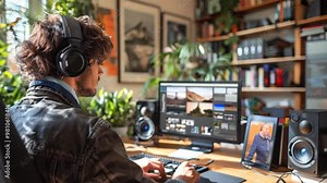 A tutor sits at a desk in a modern home office, teaching students online with a headset and computer