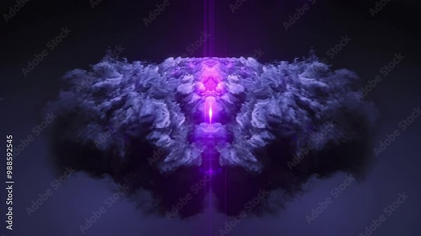 Digital animation of a cloud of purple smoke forming with bright pink flames that take on different shapes and seem to be illuminated by a hidden light source. 3d rendering. 4K, Ultra HD resolution