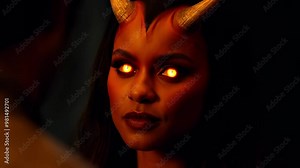 Alluring portrait female Succubus Demon with illuminated yellow eyes and curved horns, sultry Halloween temptress