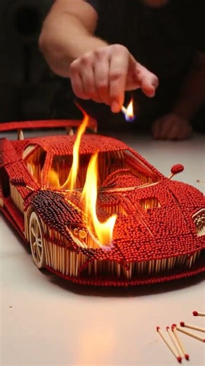 supercar matchstick sculpture burning