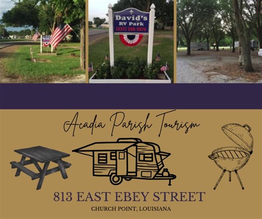 Acadia Parish Tourism's Business Spotlight: David's RV Park 🌳 Peaceful, clean, and welcoming — David’s RV Park in Church Point is the perfect stop for your next stay. Easy access, comfortable spots, and a laid-back atmosphere await. David's RV Park Church Point Community Development Corp. Town of Church Point Explore Louisiana #TravelLouisiana #AcadiaParish | Visit Acadia Parish