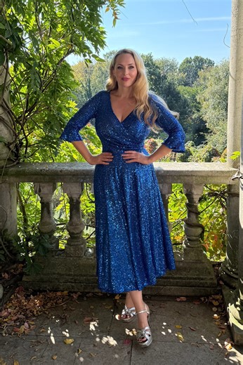 Happiness in a dress! Electric ⚡blue Coco dress! This 3/4 sleeve midi dress is fresh and fun, comfortable to wear and totally flattering! Love Katya xx 🔗 In the comments x #electricblue #sequindress #christmasdress | Katya Wildman London