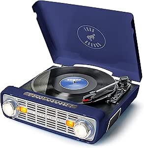 ION Audio Bronco LP-Vintage Turntable/Vinyl Record Player with Speakers, AM/FM Radio, USB and Aux inputs – Blue Navy Finish