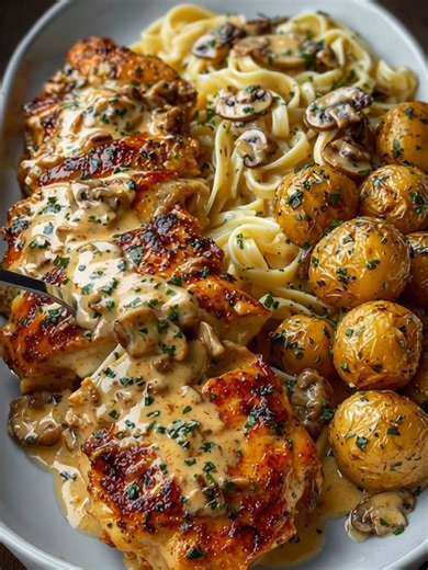 Poulet Crémeux à l’Ail avec Pommes de Terre aux Herbes et Pâtes aux Champignons Accroche : Du poulet tendre grillé, des pommes de terre rôties dorées et des pâtes crémeuses aux champignons — le trio réconfortant ultime dans une seule assiette. Portions : 4 | Température : 200 °C (400 °F) | Temps : 45 minutes Ingrédients principaux : 2 grandes poitrines de poulet 450 g de pommes de terre grenailles (coupées en deux) ....................... 👉 Recette complète en premier | Secrets de Cuisine