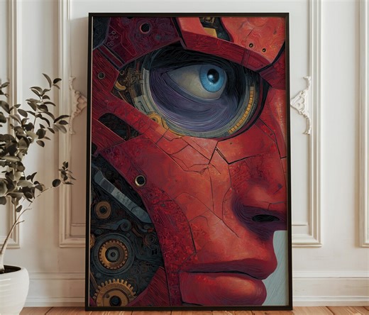 Cyberpunk Red Cyborg Eye Print – Futuristic AI Portrait Wall Art - Sci Fi Robot Face Decorter - Etsy