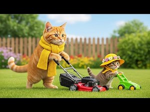 "A cute and funny scene of two cats mowing the lawn. The larger orange cat