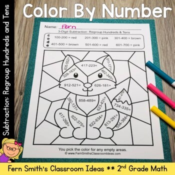 Subtraction: Regroup Hundreds & Tens Color By Number Worksheets for Second Grade