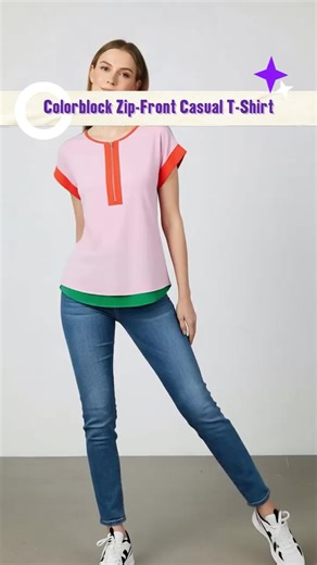 Summer Casual Colorblock Hem Zipper Front T-Shirt, Stylish Comfortable Daily Wear Top, Perfect for Warm Weather #womenshirt #plussizespringoutfitideas #womenssummeroutfit #womenspringoutfit #oversizedtops #mirinaoversizedtop #camotanktop #cutebasictops #vnecktopsforwomen #summerclotheshaul