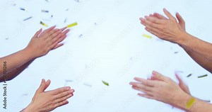Applause, confetti and celebration, hands in studio for motivation and win success. Glitter, cheers and people clapping in support, congratulations and surprise winner announcement on blue background