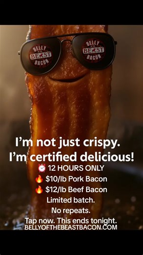 This is it. No extensions. No reruns. ⏰ 12 HOURS ONLY 🔥 End-of-Year Bacon Flash Sale 🔥 • Pork Bacon – $10/lb • Beef Bacon – $12/lb (limited) Same slow-cured, premium bacon. Same bold flavors. One final run to close out the year. When the clock hits zero, this deal disappears. Whatever’s left goes back to normal pricing. Stock the freezer. Start the year right. 👉 Order now before the smoke clears. #12HourSale #BaconFlashSale #EndOfYearDeal #PremiumBacon #StockTheFreezer