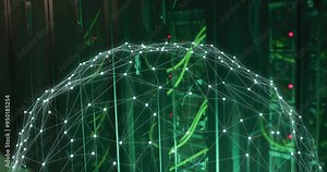 Network connections and data processing animation over server racks with cables