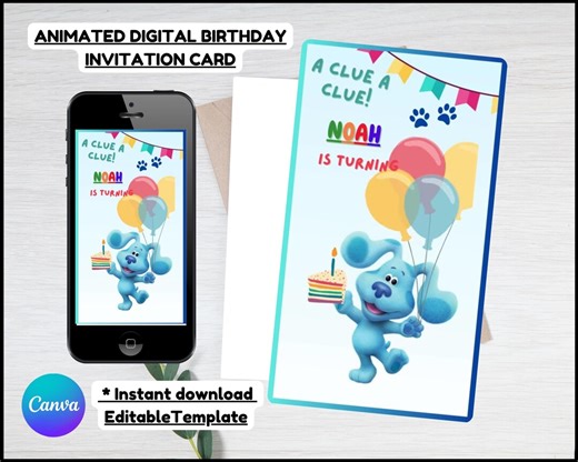 Blue's Clues Birthday Party Animated Invitation, Canva Editable Template, Digital Downloan PDF 2pp, Blues Clues Kids Party Decoration. - Etsy