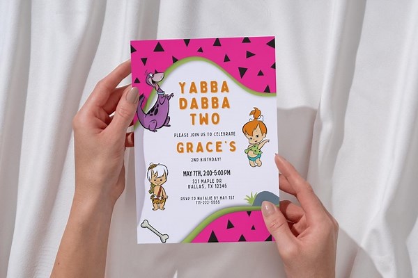 Yabba Dabba Two Editable Birthday Invitation | Digital Download | Pink Flintstones Birthday Invite | Pebbles Birthday Invite - Etsy