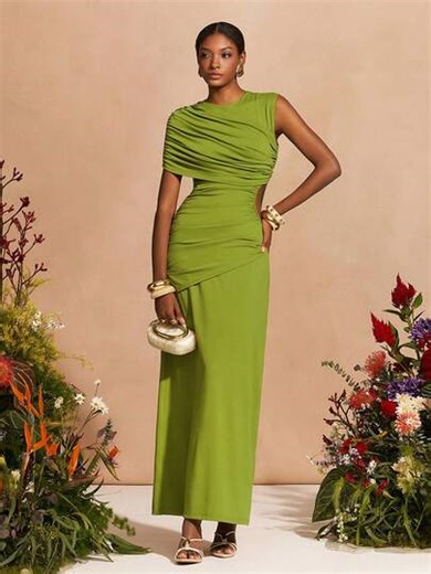 Zivah 2026 Nouvelle robe maxi asymétrique à manches vertes, taille froncée, style printemps/été. Idéale pour les festivals de musique, Pâques, la Saint-Patrick, la Saint-Valentin, les sorties, les fêtes occidentales, nomades, anniversaires, remises de diplômes, universités, étudiants, usage quotidien, polyvalente de base, décontractée, vacances, croisières, plage, bronzage, , streetwear, invitée de mariage bohème, trajets, brunch, aéroport, fêtes, sorties, bureau | SHEIN