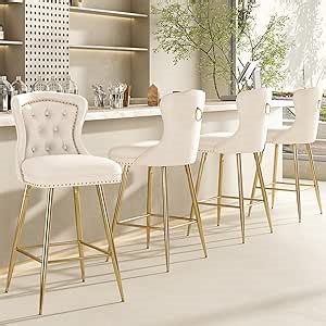 Farini Bar Stools Set of 4, Velvet Counter Height Bar Stools with Metal Legs, Button Tufted and Nailheads Trim, Wing-Back Bar Chairs for Kitchen Island Dining Room Pub, Beige