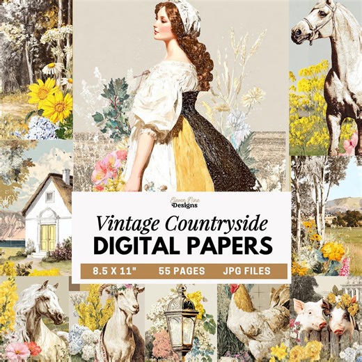 Vintage Country Farm Digital Paper, Rustic Floral Collage Paper, Country Landscape Pages, Printable Junk Journal Pages, Scrapbook Papers - Etsy