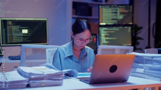 Asian female smart programmer works late night office coding deep learning AI models, training neural networks with intense concentration and focus, dedicating overtime hours alone to machine learning