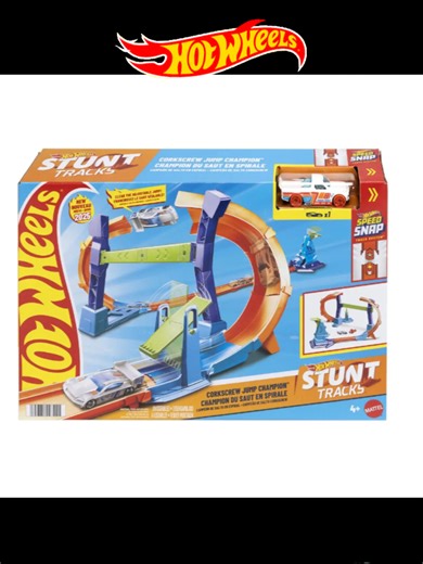 Become the Corkscrew Jump Champion with this adjustable track set! Kids can experiment with their launching skills as they master the corkscrew loop that can separate in the middle for an epic mid-race jump Start with the corkscrew completely connected, then gradually pull it apart to increase the jumping distance and the challenge. Stick the landing and race through the flipper and off to more track challenges. This set is designed with Speed Snap Track for quick and easy assembly and includes 