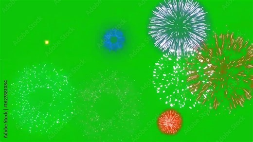 Colorful Fireworks Explosion Animation on Green Screen – 4K UHD Chroma Key Footage for Celebrations, Events, and VFX Projects.