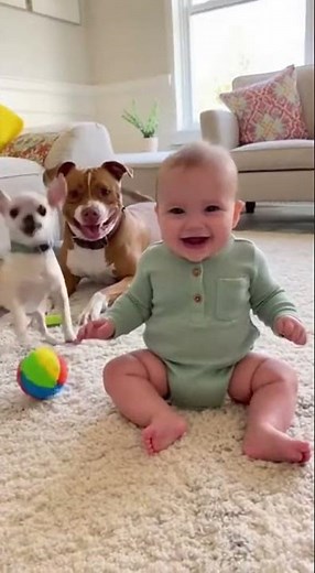 Cute Dogs Playing With Laughing Baby | Wholesome Backyard Fun