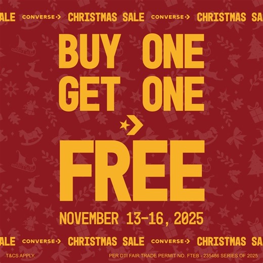 The wait is over! Converse’s Buy One, Get One FREE Christmas Sale is officially LIVE! From November 13–16, 2025, Your holiday haul just got twice as good. 🛍️✨ Shop now in Converse stores & outlets #ConversePH #ChristmasSale | CONVERSE