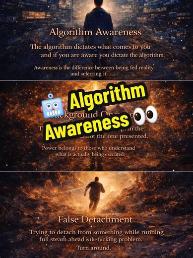 Algorithm Awareness Most people react to what’s presented. The aware recognize what’s being executed. You cannot escape a pattern while feeding it. Awareness isn’t observation it’s control. Turn around. #AlgorithmOfLife #AwarenessShift #InnerWork #ConsciousChoice #BreakThePattern