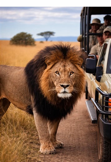 He Stood Right There 😳 A lion walks right up to the safari truck like he owns the road. Calm. Powerful. Unreal. ⚠️ AI-generated content for storytelling realism. #AIReelism #SafariTok #LionTok #WildlifeVideo #NatureTok