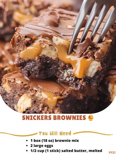 Snickers ⛄ Brownies 🍯 These decadent brownies are loaded with chopped Snickers and caramel bits, creating a rich and gooey treat perfect for any chocolate lover. Ingredients: 1 box (18 oz) brownie mix 2 large eggs 1/2 cup (1 stick) salted butter, melted 1/4 cup milk 2 cups chopped Snickers 1/3 cup caramel bits Method: ..... Full Recipe in Coʍmеոτ 💬 🚢 | Recipes For Every Family