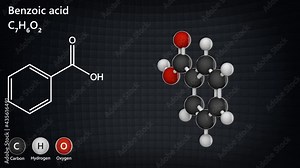 Benzoic acid (Carboxybenzene) is widely used as a food preservative E210. Formula: C7H6O2. 3D render. Seamless loop. Chemical structure model: Ball and Stick.