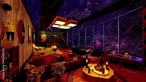 Underwater House with beautiful view of underwater world. House under water, ocean. Oceanic home with breathtaking underwater scenery, underwater living with a view of the aquatic world.