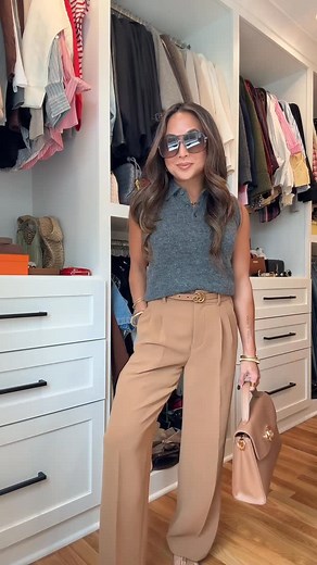 Carrie Cliffel • PETITE FASHION on Instagram: "Easy work outfit formula: grey top + camel pants 🤌🏼 Comment “OUTFIT” and I’ll send you the details! Top: @hm size XS Pants: @aritzia size 0 Flats: @target size 5.5 Bag: @stuartweitzman Sunglasses: @herjour (use code: CARRIEHR for discount) #outfitidea #workoutfit #petitestyle #styleinspo"