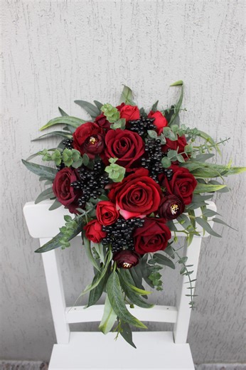 Burgundy Red Black Wedding Bouquet, Cascading Bouquet, Fall Wedding Bouquet - Etsy