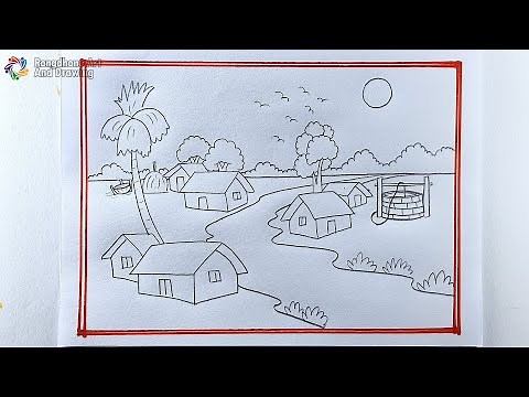 Easy Village Scenery Drawing | Simple Village Landscape Sketch Tutorial