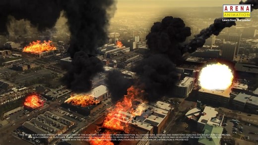Arena Animation on Instagram: "Watch a city meet its fate as a blazing comet tears through the skyline, chaos rendered into breathtaking detail. This gripping VFX sequence, crafted with precision using advanced techniques like breakdown, tracking, keying, and colour correction, doesn’t just depict destruction; it showcases the artistry behind it. From the shattering impact to the dust-filled skies, every frame is designed to pull you into the heart of catastrophe, where imagination and technolog