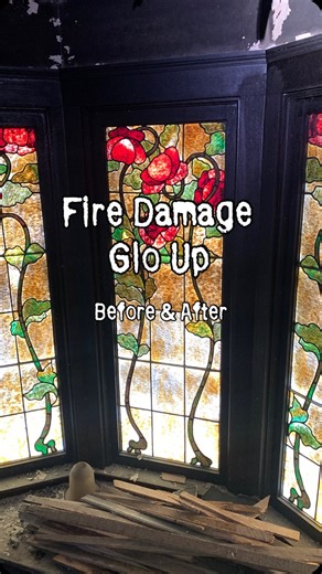 This 3-piece bay window stained glass set suffered some significant fire damage. Our crew safely removed the windows and brought them back to the shop where we were able to carefully remove as much of the black soot from the fire as we could. Now the sunlight can shine through again, and it’s ready for a new home! #architecturalsalvage #gloup #glowup #stainedglass #beforeandafter #vintagewindows #antiquewindows #stainedglasswindow | Columbus Architectural Salvage