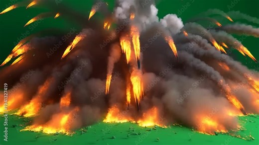 Explosion cataclysmic with fiery debris and green screen background featuring fireball, erupting, violent with destruction and blast elements for