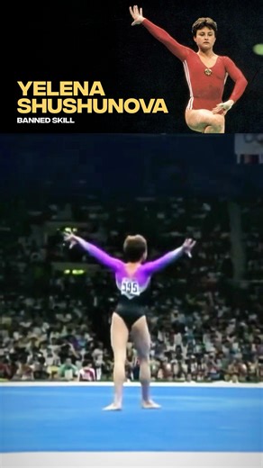 Yelena Shushunova with her signature straddle roll-out tumbling — now banned from the Code of Points (like all roll-out skills). #gymnastics | Sporteverywhere