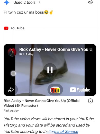 Even rickrolled me 😭✌️ #google #gemini #ai #trend #shitpost | Google