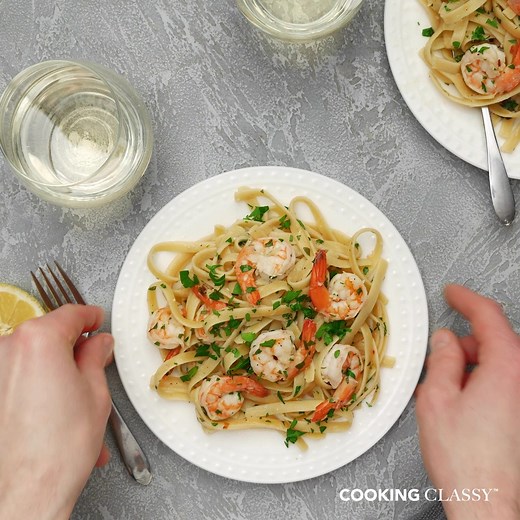 SHRIMP SCAMPI! This easy shrimp recipe can be made in under 30 minutes with no hassle or stress. Try it and step into garlicky lemon pasta dinner heaven. RECIPE: https://www.cookingclassy.com/shrimp-scampi/ | Cooking Classy