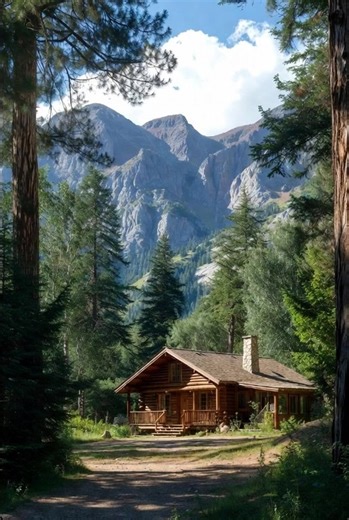 Nestled deep in the forest, a wooden cabin stands quietly beneath towering mountains. Surrounded by tall trees and fresh mountain air, it feels like a place where life slows down and peace takes over. A perfect escape into nature, where simplicity, silence, and beauty meet. | Log Cabin
