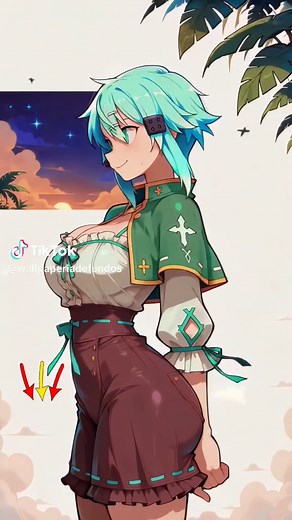 ✦ 𝗦𝗨𝗡𝗦𝗘𝗧 𝗗𝗥𝗘𝗔𝗠 • 𝗦𝗜𝗡𝗢𝗡 ✦ 🌅✨ A peaceful summer scene with Sinon surrounded by soft sunset colors, tropical leaves, distant clouds, and a warm glowing horizon creating a relaxing atmosphere. 🌿💚 Her mint-colored hair and green outfit blend beautifully with the tropical scenery, while the burgundy skirt adds a rich contrast to the soft pastel background. 🌊🌅 The sunset sky, palm leaves, and gentle warm light give this wallpaper a calm vacation-like feeling, creating a beautiful a