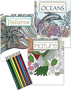 ZOCO – Gift Pack: 3 Adult Coloring Books Set with Colored Pencils – Oceans, Patterns & Nature for Mindfulness and Relaxation – Perfect for Women, Seniors & Teens